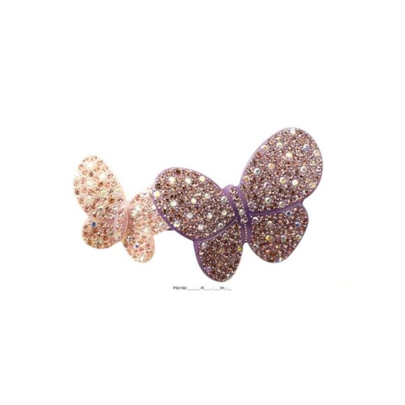 Patentspange mit zwei aufgesetzten Schmetterlingen in unterschiedlicher Größe bestückt mit Swarovskisteinen flieder violett