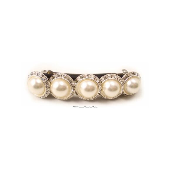 Haarspange mit fünf runden Perlen umrahmt von Swarovskisteinen in cristall silber